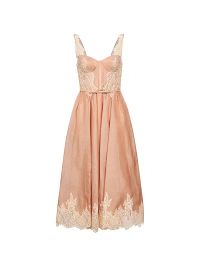 Zimmermann Valiant Lace-trimmed Belted Midi Dress In Pink