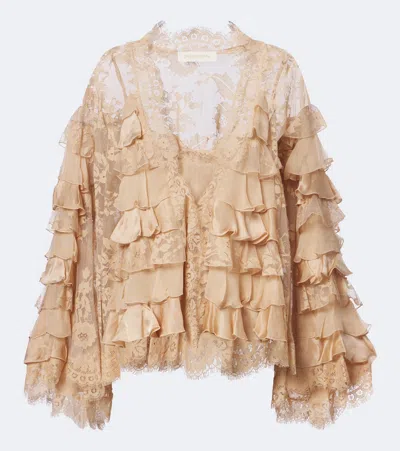 Zimmermann Valiant Lace-trimmed Ruffled Silk Blouse In Brown