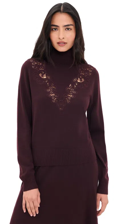 Zimmermann Valiant Merino Wool Lace Turtleneck Sweater Mahogany In Burgundy