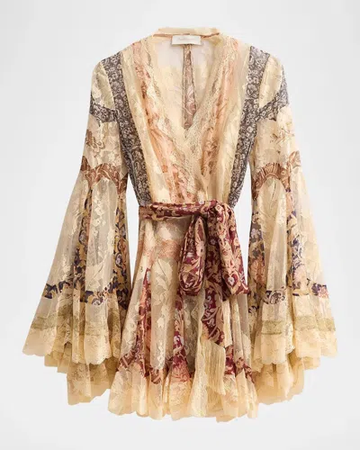 Zimmermann Lacepanel Wrapfront Bellsleeve Mini Dress In Multi
