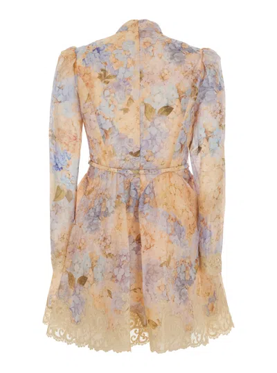 Zimmermann Valiant Panelled Mini Dress In Linen And Silk With V-neck And Long Sleeves In Blue
