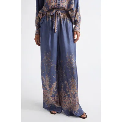 Zimmermann Valiant Print Silk Wide Leg Pants In Navy Paisley