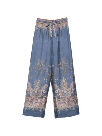 Zimmermann Valiant Printed Silk Trousers In Blue