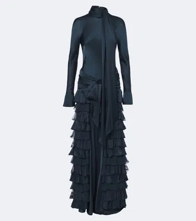 Zimmermann Valiant Ruffled Silk Satin And Chiffon Gown In Blue