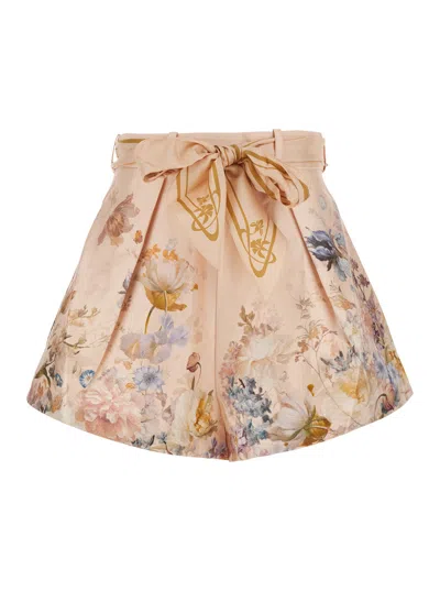 Zimmermann Valiant Tuck Short Skirt In Silk-cotton With Pleat Detail In Pink