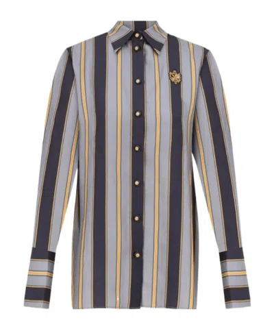 Zimmermann Verticalstripe Embroideredbadge Longsleeve Shirt In Navy Blue