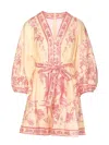 Zimmermann Lucky Pink Mini Dress With V Neck And All-over Floral Print In Linen Woman