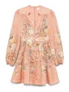Zimmermann Tallow Pleated Floral-print Linen Mini Dress In Nude & Neutrals