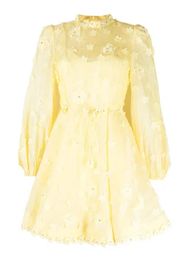 Zimmermann Floral Appliquéd Linen And Silk-blend Mini Dress In Yellow