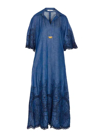 Zimmermann Denim Embroidered Dress In Blue
