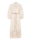 Zimmermann Beige Long Dress With High Neck And All-over Embroidery In Linen Woman In Beige