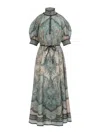 Zimmermann Womens Tapestry Teal Multi Wanderlust Billow Puffed-short-sleeves Silk Midi Dress In Gray