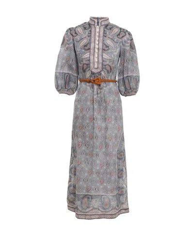 Zimmermann Belted Paisley-print Linen Midi Dress In Bleu