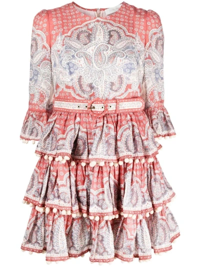 Zimmermann Vitali Tiered Hem Mini Dress Indigo/ruby Paisley In Multi