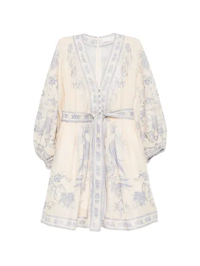 Zimmermann V-neck Linen Mini Dress With Button-down Front, Removable Belt & Invisible Back Zip (size In Bianco