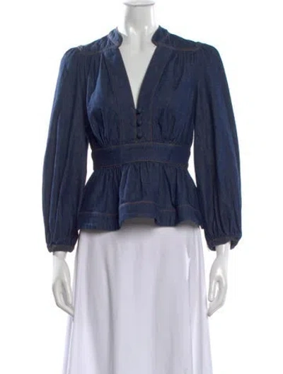 Pre-owned Zimmermann V-neck Long Sleeve Blouse In Blue