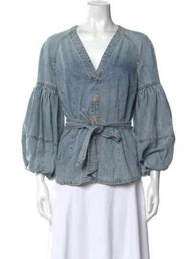 Pre-owned Zimmermann V-neck Long Sleeve Blouse In Blue