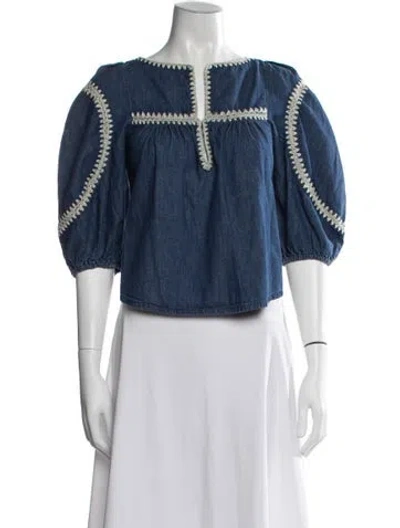 Pre-owned Zimmermann V-neck Short Sleeve Blouse In Blue