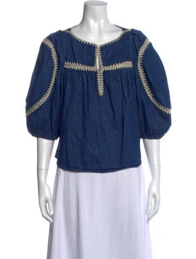 Pre-owned Zimmermann V-neck Short Sleeve Blouse In Blue