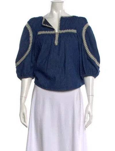Pre-owned Zimmermann V-neck Short Sleeve Blouse In Blue