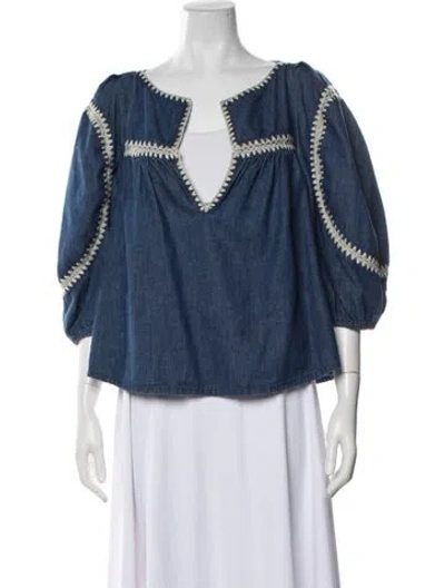 Pre-owned Zimmermann V-neck Three-quarter Sleeve Blouse In Blue