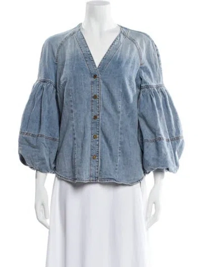 Pre-owned Zimmermann V-neck Three-quarter Sleeve Button-up Top In Blue