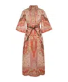 Zimmermann Wylie Belted Printed Linen Midi Dress In Nude