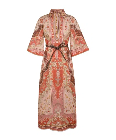 Zimmermann Wylie Belted Printed Linen Midi Dress In Rot