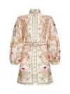 Zimmermann Linen Mini Dress With Floral Print And Scalloped Edges In Neutral