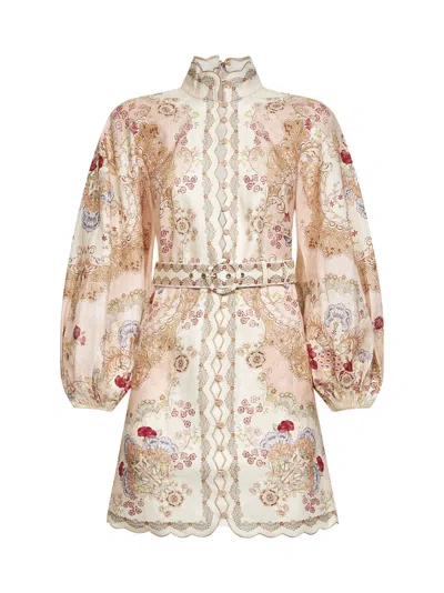 Zimmermann Daylight Multicolor Midi Dress With Long Puffed Sleeves And All-over Floral Print In Linen Woman In Yellow