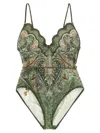 Zimmermann Wanderlust Belted Embellished Scalloped Printed Swimsuit In Green