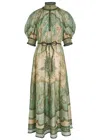 Zimmermann Wanderlust Billow Patterned Silk Midi Dress In Green