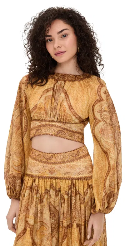 Zimmermann Wanderlust Multicolor Cropped Top With Puffed Long Sleeves And All-over Paisley Motif In Cotton Blen In Yellow