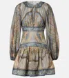 Zimmermann Wanderlust Multicolor Crewneck Mini Dress With Puffed Long Sleeves And All-over Print In Cotton And  In Multi