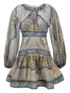 Zimmermann Wanderlust Multicolor Crewneck Mini Dress With Puffed Long Sleeves And All-over Print In Cotton And  In Gray