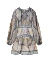 Zimmermann Wanderlust Multicolor Crewneck Mini Dress With Puffed Long Sleeves And All-over Print In Cotton And  In Blue
