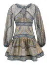 Zimmermann Wanderlust Multicolor Crewneck Mini Dress With Puffed Long Sleeves And All-over Print In Cotton And  In Multi