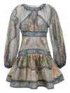 Zimmermann Wanderlust Multicolor Crewneck Mini Dress With Puffed Long Sleeves And All-over Print In Cotton And  In Gray