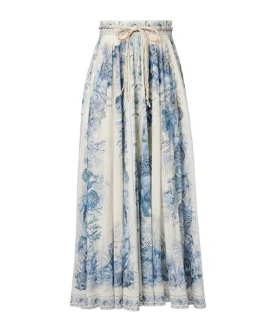 Zimmermann Wanderlust Belted Pleated Printed Cotton Maxi Skirt In Blue