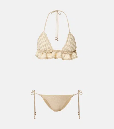 Zimmermann Wanderlust Crochet And Lamé Bikini In Neutral