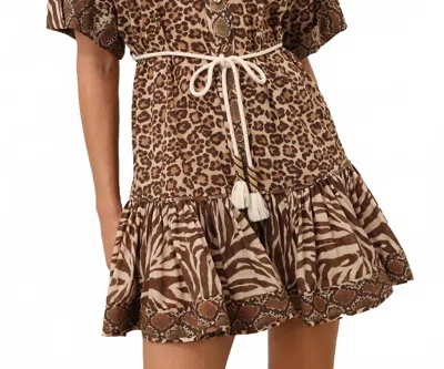 Zimmermann Wanderlust Lantern Mini Dress In Spliced Print In Brown