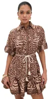 Zimmermann Wanderlust Lantern Belted Printed Cotton Mini Dress In Brown