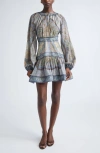Zimmermann Wanderlust Multicolor Crewneck Mini Dress With Puffed Long Sleeves And All-over Print In Cotton And  In Blue