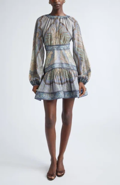 Zimmermann Wanderlust Long Sleeve Fit & Flare Minidress In Blue