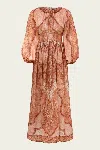 Zimmermann Wanderlust Long-sleeve Midi Dress In Tapestry Burgundy Multi In Brown