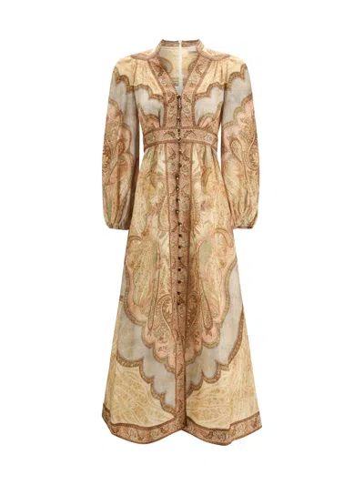 Zimmermann Wanderlust Multicolor Long Dress With V Neck And All-over Paisley Motif In Linen Woman