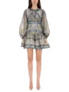 Zimmermann Wanderlust Multicolor Crewneck Mini Dress With Puffed Long Sleeves And All-over Print In Cotton And 