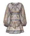 Zimmermann Wanderlust Multicolor Crewneck Mini Dress With Puffed Long Sleeves And All-over Print In Cotton And 