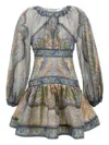 Zimmermann Wanderlust Multicolor Crewneck Mini Dress With Puffed Long Sleeves And All-over Print In Cotton And  In Blue
