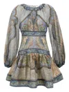 Zimmermann Wanderlust Multicolor Crewneck Mini Dress With Puffed Long Sleeves And All-over Print In Cotton And  In Gray